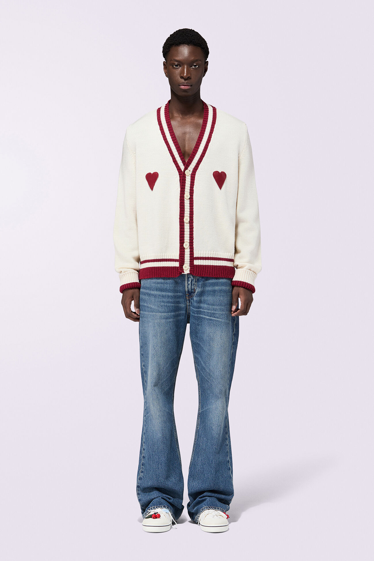 Double Heart Wool Cardigan Cream